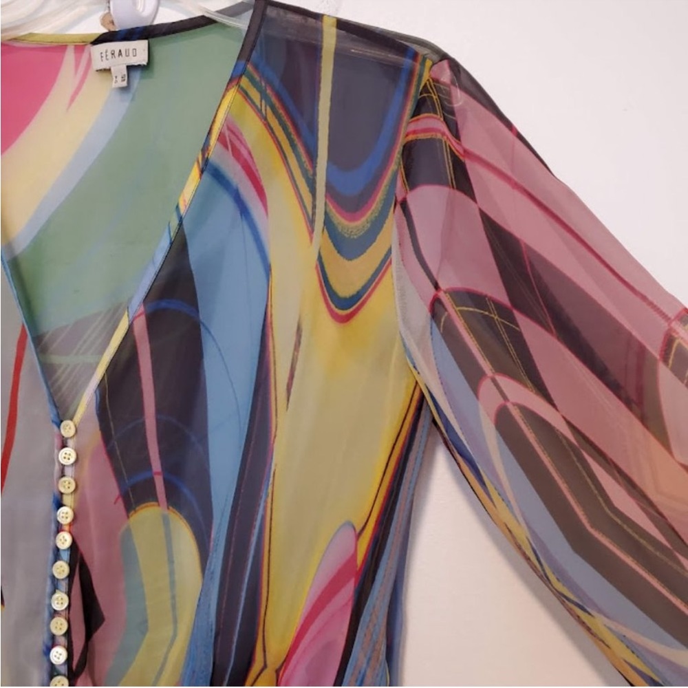 Vintage Louis Feraud sheer retro multicolor button down blouse size 8 - Picture 6 of 12